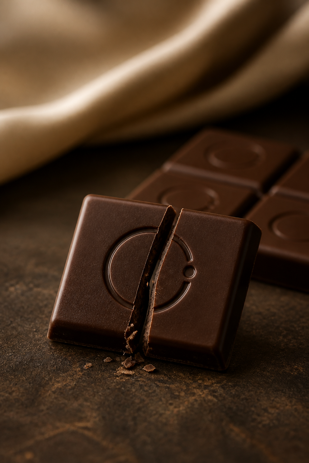 Macro photograph of a snapped Chocturnal chocolate square